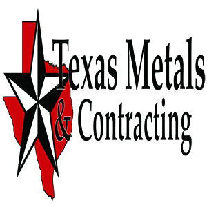 Lake Fork News Texas Metals & Contracting logo featuring a bold black-and-white five-pointed star layered atop a vivid red outline of the state of Texas; to the right, “Texas Metals & Contracting” is displayed prominently in large black lettering, capturing the Lone Star State identity for this Houston-based metal building contractor. Lake Fork, TX