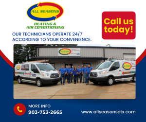 Lake Fork News A promotional image for All Seasons Heating & Air Conditioning captures a team of heating experts standing between two branded company vans outside their headquarters on Main Street in downtown Springfield. The building’s façade displays the All Seasons logo, reinforcing local trust. Promotional text overlays the photo, emphasizing round-the-clock service availability—“24/7 Service”—alongside clear contact details and a prominent call-to-action encouraging customers to call today for immediate assistance. Lake Fork, TX