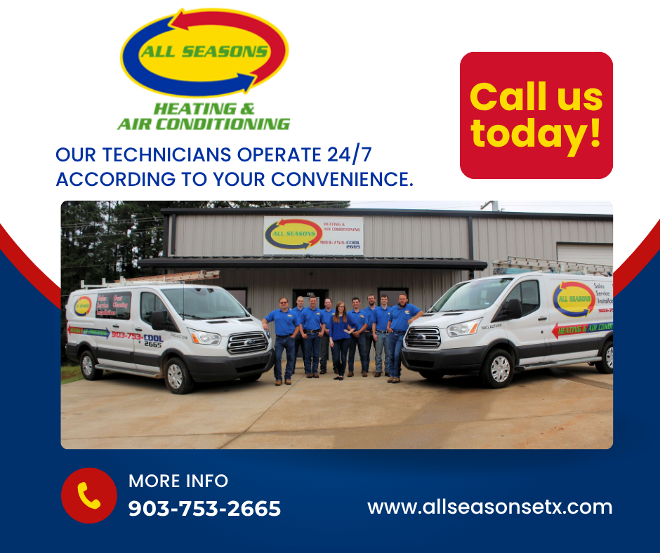 Lake Fork News A promotional image for All Seasons Heating & Air Conditioning captures a team of heating experts standing between two branded company vans outside their headquarters on Main Street in downtown Springfield. The building’s façade displays the All Seasons logo, reinforcing local trust. Promotional text overlays the photo, emphasizing round-the-clock service availability—“24/7 Service”—alongside clear contact details and a prominent call-to-action encouraging customers to call today for immediate assistance. Lake Fork, TX