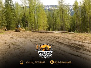 Lake Fork News A professional land-clearing scene unfolds near Sulphur Springs, Texas, where a yellow construction vehicle is stationed among substantial felled logs in a freshly cleared forest area. The image highlights the scale and organization of the operation within the East Texas landscape. Along the bottom edge, Weems Heavenly Acres’ logo appears alongside their Yantis, TX location and contact number—(903) 254-0469—providing clear business identification. Lake Fork, TX