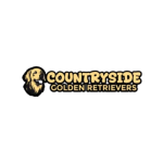 Lake Fork News Logo for Countryside Goldens, a Texas-based breeder, prominently displays an illustrated golden retriever puppy’s head on the left. To the right, bold yellow and black text reads "Countryside" stacked above "Golden Retrievers," evoking rural charm and professionalism associated with this Texas kennel. Lake Fork, TX