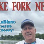 Lake Fork News A photograph captures Eddie LaBlanc, grinning broadly beneath a dark cap, proudly holding up an impressive 8-pound largemouth bass as he poses on the shores of Lake Fork in Texas. In the background, dense green trees line the lake’s edge beneath a dramatic cloudy sky. Text overlays announce "LAKE FORK NEWS," highlight Eddie’s accomplishment—"EDDIE LaBlanc with a great 8lb Lake Fork Beauty!"—and note this image features in the publication’s “Online Edition June 2025 Volume 1~6.”. Lake Fork, TX