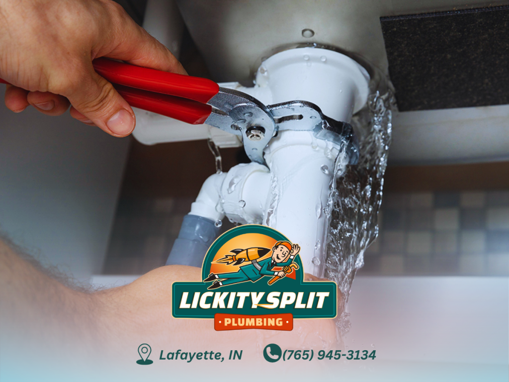 Lake Fork News A licensed plumber from Lickity Split Plumbing kneels under a kitchen sink in Lafayette, Indiana, expertly tightening a leaking pipe with a wrench as water sprays out. The company’s distinctive logo and Lafayette contact details are prominently displayed at the bottom, emphasizing their emergency plumbing services for local residents. Lake Fork, TX