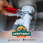 Lake Fork News A licensed plumber from Lickity Split Plumbing kneels under a kitchen sink in Lafayette, Indiana, expertly tightening a leaking pipe with a wrench as water sprays out. The company’s distinctive logo and Lafayette contact details are prominently displayed at the bottom, emphasizing their emergency plumbing services for local residents. Lake Fork, TX