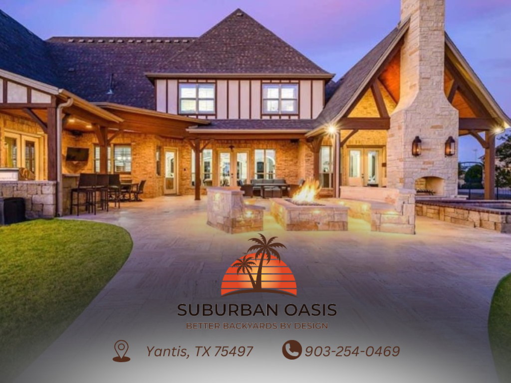 Lake Fork News An inviting, elegantly illuminated backyard patio in Dallas features a spacious stone firepit surrounded by upscale custom outdoor living amenities. The scene spotlights a sophisticated wood-and-stone residence aglow in the golden light of sunset, epitomizing luxury suburban living. At the base of the image, branding for “Suburban Oasis”—complete with logo, contact information, and specific Dallas location details—offers interested viewers immediate access to this sought-after locale. Lake Fork, TX
