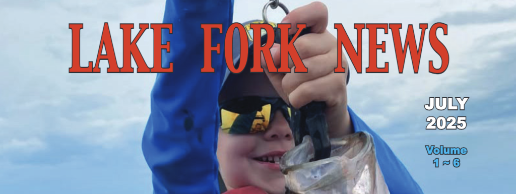 Lake Fork News A young child beams with pride as they hold up a freshly caught fish at Lake Fork, Texas. Wearing dark sunglasses and a bright blue jacket, the child's wide smile captures the excitement of the moment. Superimposed across the cheerful scene, bold red and blue headline text announces: "LAKE FORK NEWS JULY 2025 Online Edition Volume 1~6," marking this joyful catch as a feature in the local July edition. Lake Fork, TX