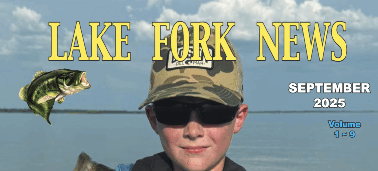 Lake Fork News Lake Fork News Online Edition: Young boy in camo hat and sunglasses holds fish lakeside. “SEPTEMBER 2025,” “Volume 1 ~ 9.” Bass graphic left. Lake Fork, TX