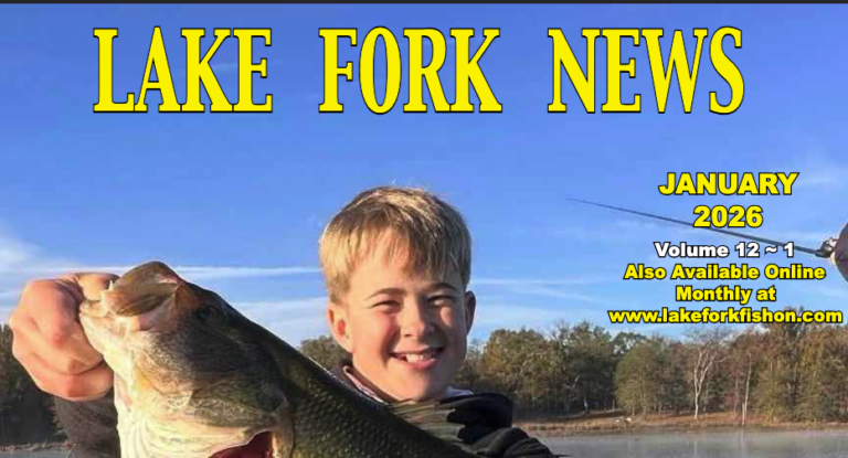 Lake Fork News A smiling boy displays a large fish by Lake Fork, trees behind him. Text: "Lake Fork News, Jan 2026, Volume 12~1, lakeforkfishon.com. Lake Fork, TX