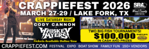 Lake Fork News Banner promoting CrappieFest 2026 at Lake Fork, Texas, March 27-29; features Cody Cannon concert, tournaments, prizes, event website. Lake Fork, TX