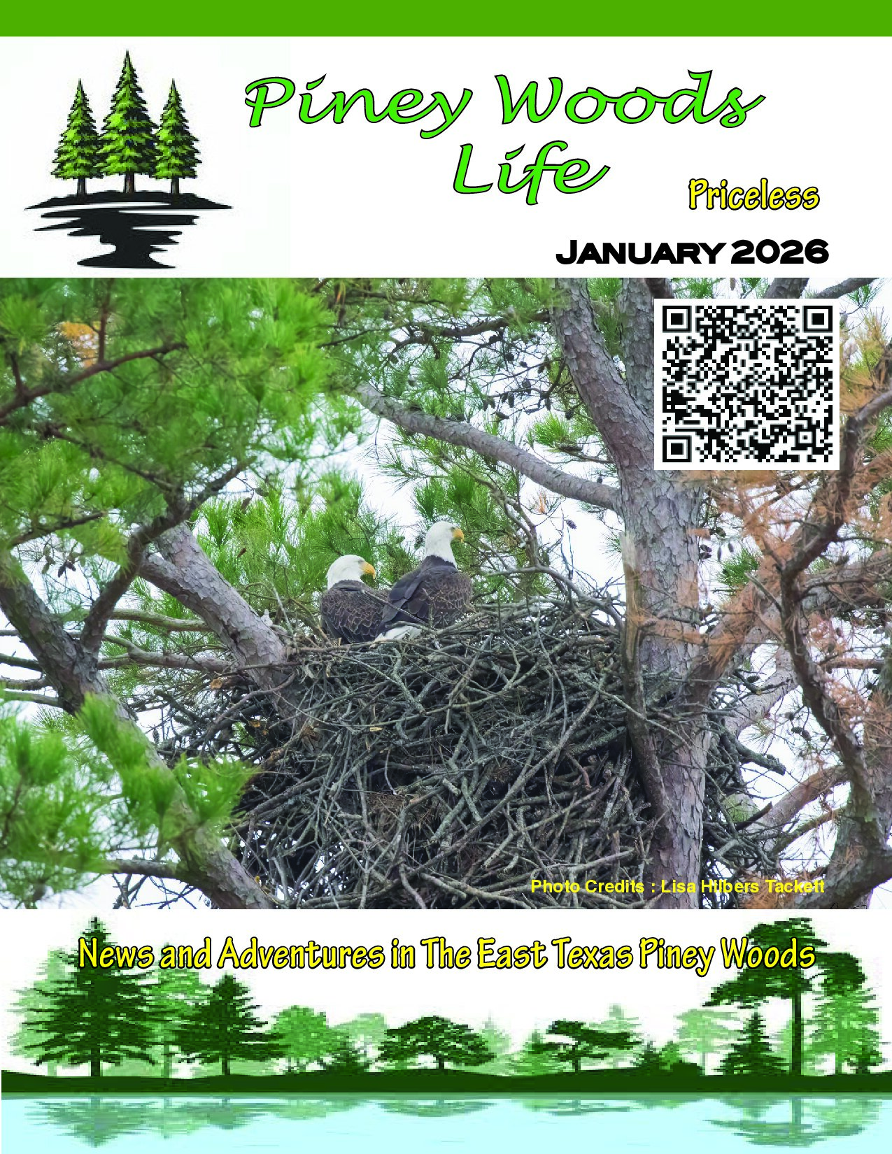 Lake Fork News January 2026 "Piney Woods Life" cover shows two bald eagles nesting in East Texas pines, lake scene, QR code, tagline. Lake Fork, TX